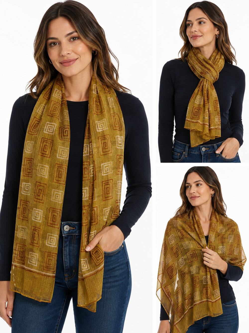 Elaine Gold Rectangular Sheer Scarf Mustard Brown Geometric Print Scarf/Wrap OS